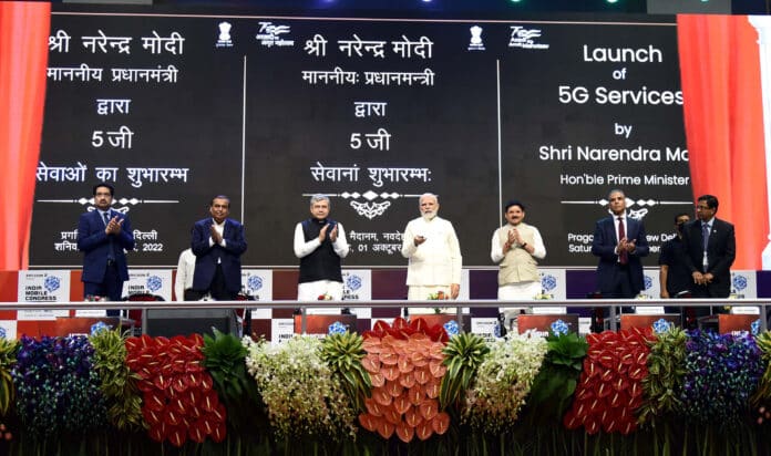 Photo Division PIB PM inaugurates of 6th edition of India Mobile Congress and launches 5G Services, in New Delhi on October 01, 2022.