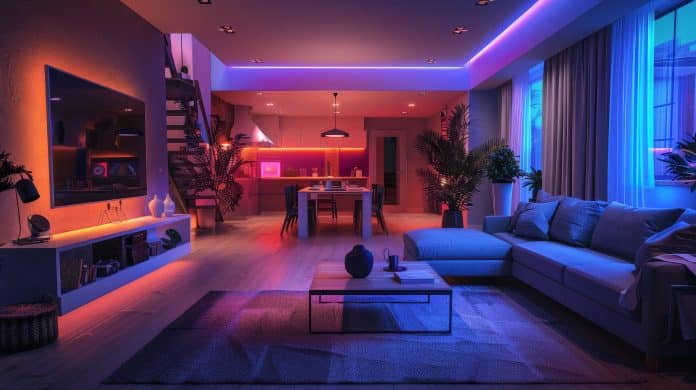 A living room with a couch, coffee table, and a TV. The room is lit with neon lights, giving it a modern and vibrant atmosphere
